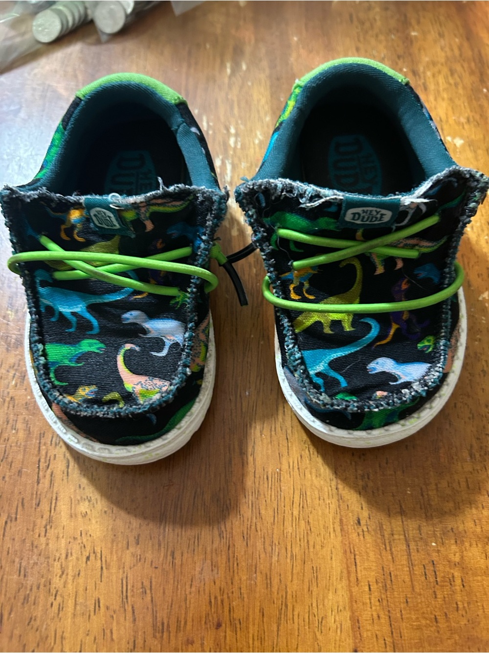 Hey Dude Toddler Navy Dinosaur Slip-On Shoes with Green Laces Size 5